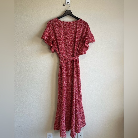 Max Studio Ruffle Crepe High‎ Low Wrap Floral Short Sleeve Midi summer Dress L - Picture 3 of 5